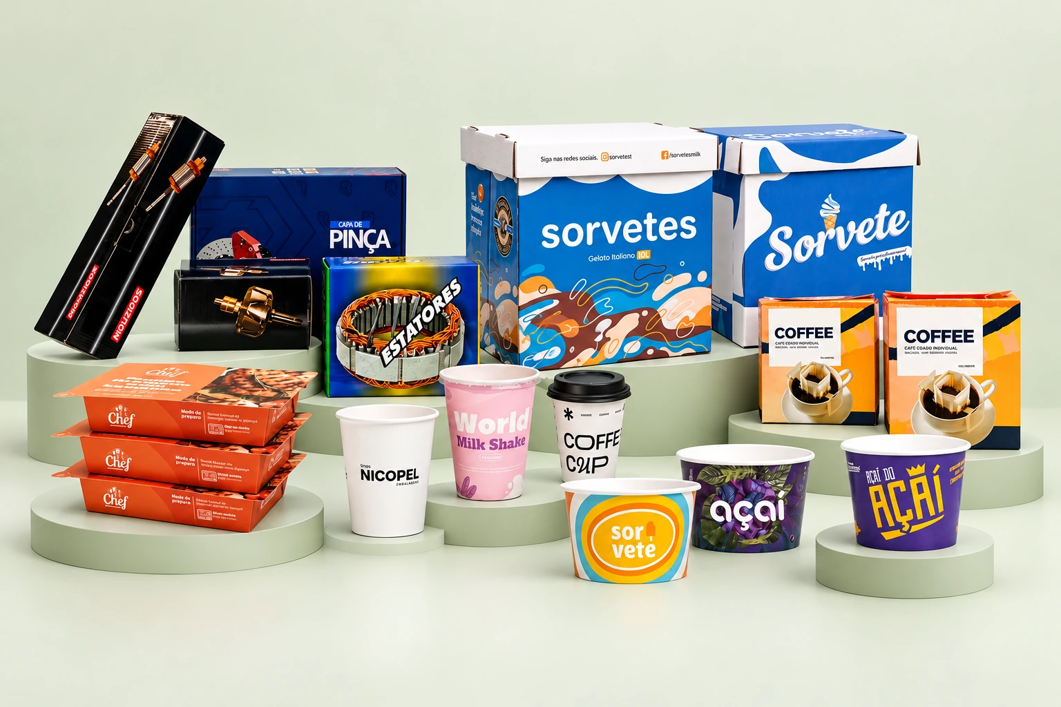 Seleção de copos, potes e caixas personalizados da Nicopel